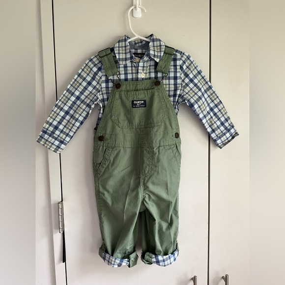 NWOT 2 piece set Oshkosh Overalls + Button Down bodysuit shirt, 18 mo, MSRP $70 - Picture 4 of 15